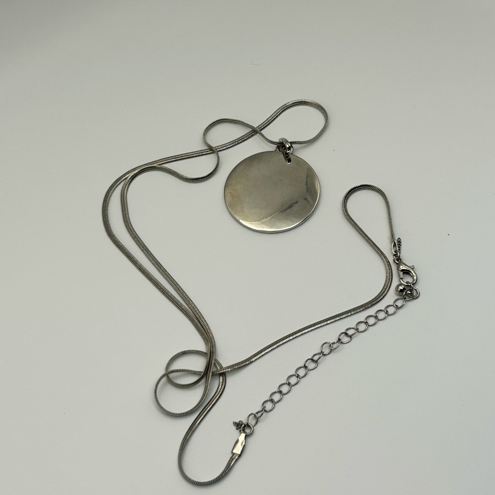 Round Disk Pendant Necklace 31" Long Chain Adjustable Silver Tone Fashion - Picture 5 of 10